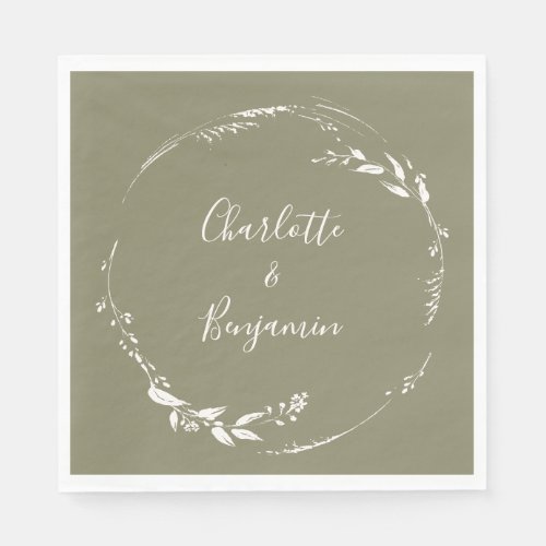 Dusty Olive Floral Wreath Calligraphy Personalized Napkins