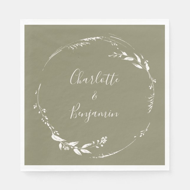 Dusty Olive Floral Wreath Calligraphy Personalized Napkins (Front)