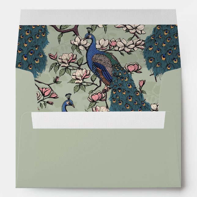 Dusty Olive Peacock Chinoiserie Wedding Envelope (Back (Bottom))