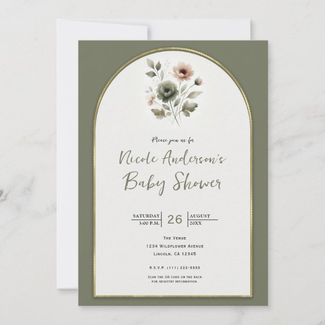 Dusty Olive & Pink Watercolor Floral Baby Shower Invitation (Front)