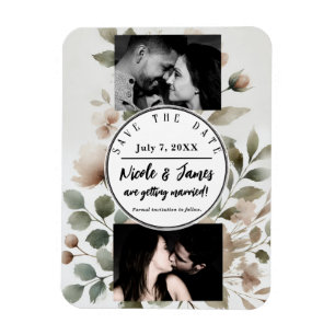Dusty Olive & Pink Watercolor Floral Save the Date Magnet