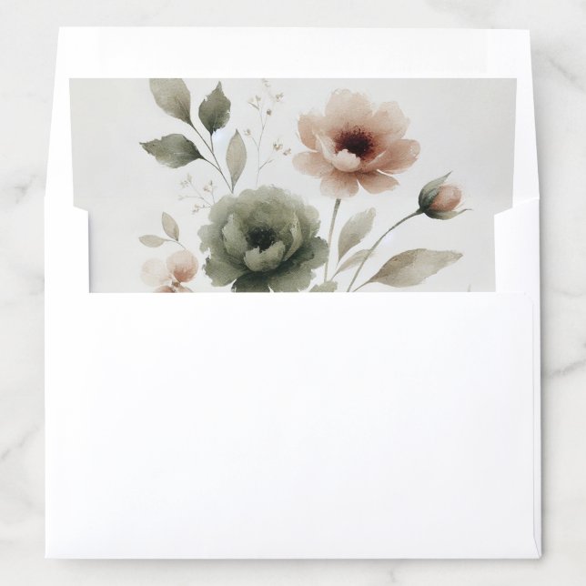 Dusty Olive & Pink Watercolor Floral Wedding Envelope Liner (In Envelope)