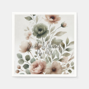 Dusty Olive & Pink Watercolor Floral Wedding Napkins