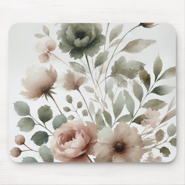 Dusty Olive & Pink Watercolor Modern Floral  Mouse Pad (Front)