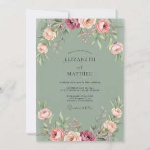 Dusty Olive Ranunculus Eucalyptus Wedding Invitation