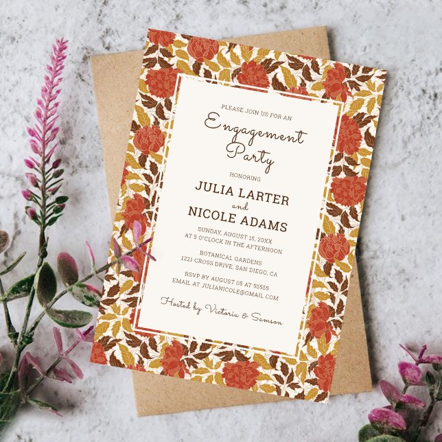 Dusty Orange Peony Flowers Fall Engagement Party Invitation (Creator Uploaded)