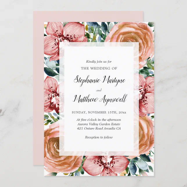 Dusty Orange Roses Orchids Floral Foliage Wedding Invitation | Zazzle