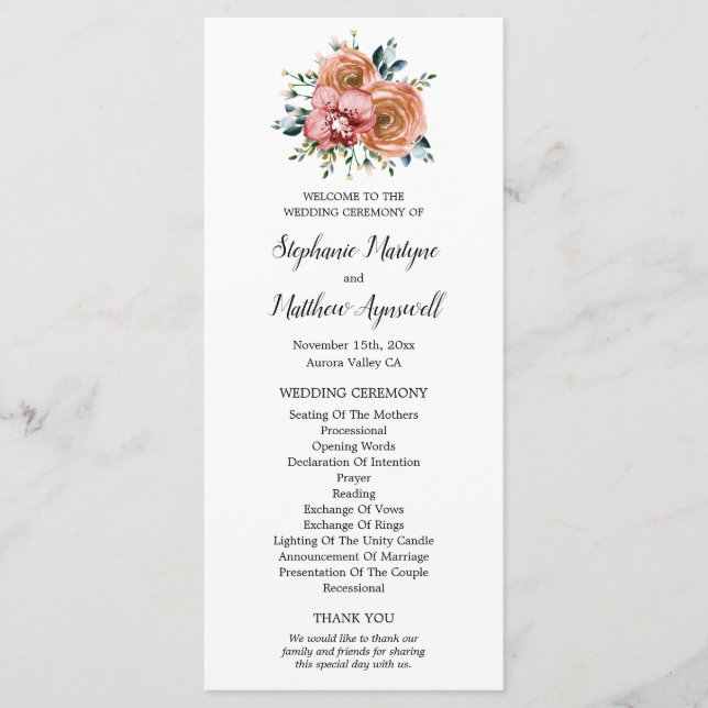 Dusty Orange Roses Wine Orchids Wedding Ceremony Program (Front)
