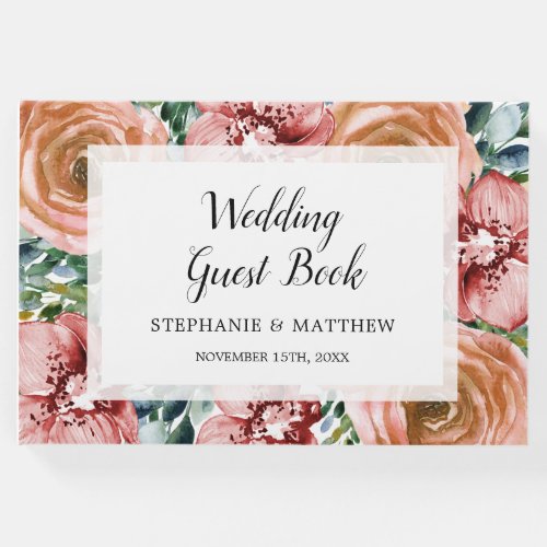 Dusty Orange Roses Wine Red Orchids Floral Wedding Guest Book