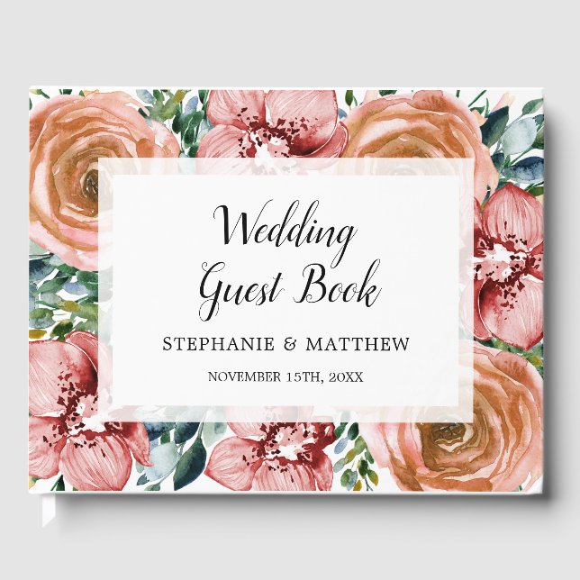 Dusty Orange Roses Wine Red Orchids Floral Wedding Guest Book (Front)