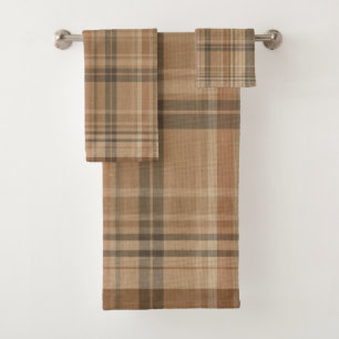 Dusty Orange Terracotta Brown Farmhouse Plaid Bath Towel Set