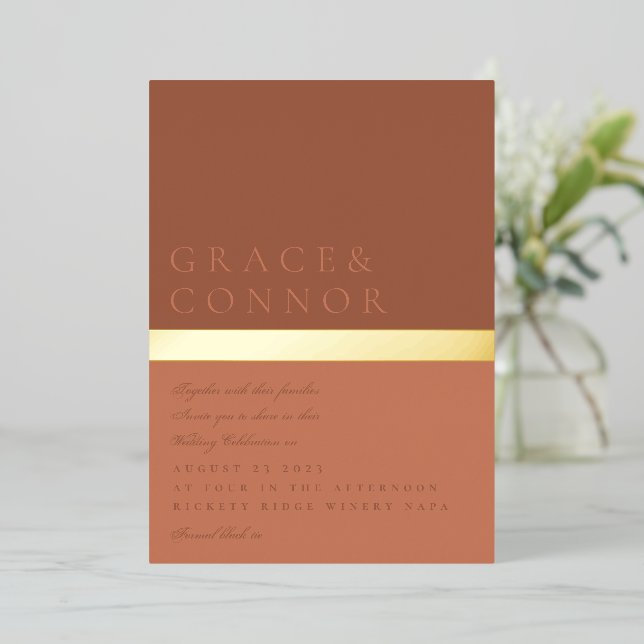 Dusty Orange Terracotta Gold Foil Stripe Wedding Foil Invitation (Standing Front)