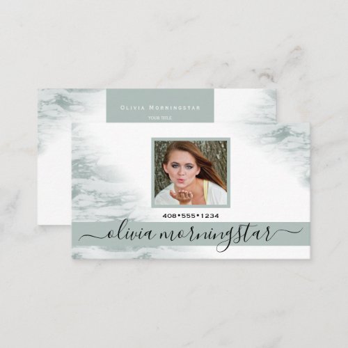 Dusty Pale Sage Green Watercolor QR and Photo Business Card