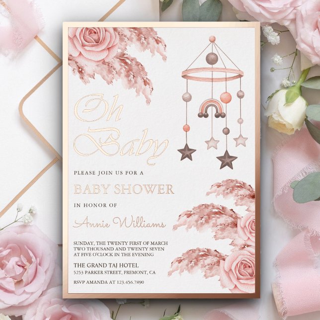 Dusty Pampas Boho Rainbow Baby Shower Rose Gold Foil Invitation (Creator Uploaded)