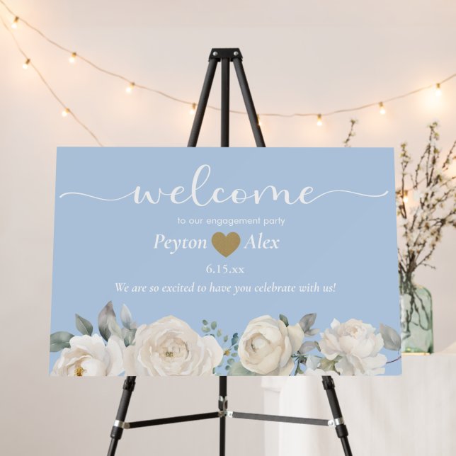 Dusty Pastel Blue Cream Floral Heart Engagement Foam Board (In Situ (Stand))
