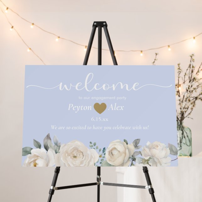 Dusty Pastel Blue Cream Floral Heart Engagement Foam Board (In Situ (Stand))