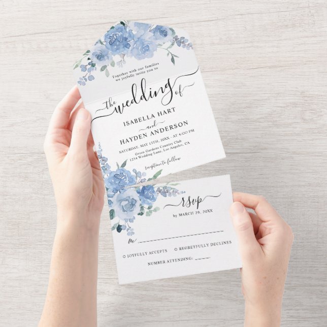 Dusty Pastel Light Blue Floral Boho Wedding RSVP All In One Invitation (Tearaway)