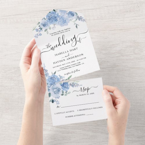 Dusty Pastel Light Blue Floral Boho Wedding RSVP All In One Invitation