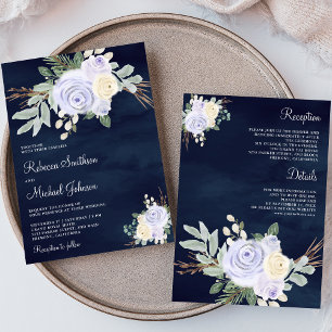 Dusty Pastel Purple Floral All in One Navy Wedding Invitation