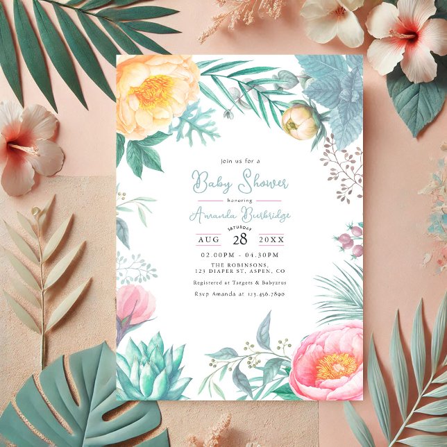 Dusty Pastel Tropical Floral Summer Baby Shower Invitation (Dusty Pastel Tropical Floral Summer Baby Shower Invitation)