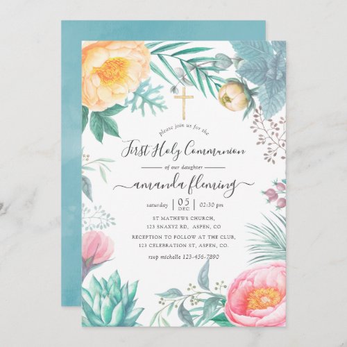 Dusty Pastel Tropical Floral Summer Holy Communion Invitation