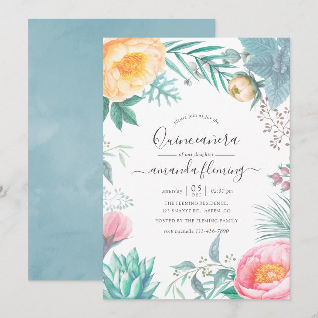 Dusty Pastel Tropical Floral Summer Quinceañera Invitation (Front/Back)