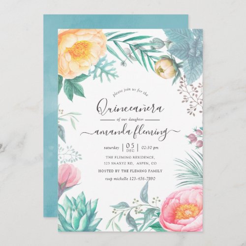 Dusty Pastel Tropical Floral Summer Quinceaera Invitation