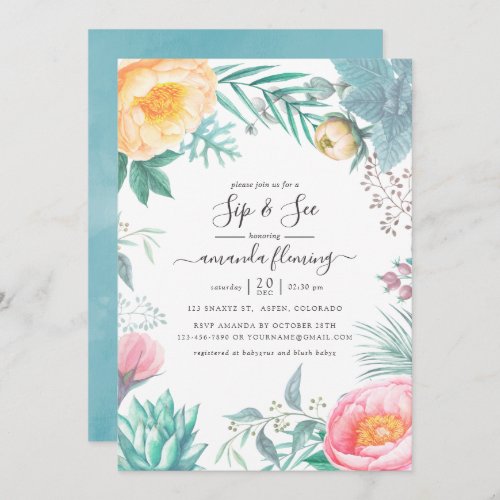 Dusty Pastel Tropical Floral Summer Sip and See Invitation