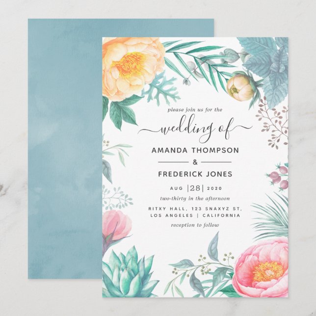 Dusty Pastel Tropical Floral Summer Wedding Invitation (Front/Back)