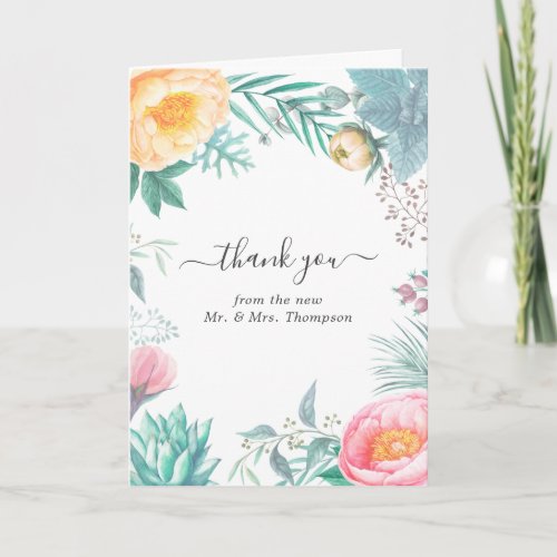 Dusty Pastel Tropical Floral Summer Wedding Photo Thank You Card