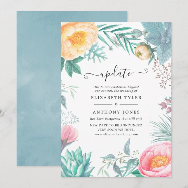Dusty Pastel Tropical Floral Summer Wedding Update Invitation (Front/Back)