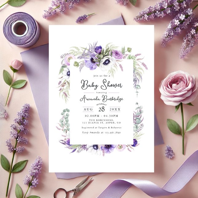 Dusty Pastel Violet Watercolor Floral Baby Shower Invitation (Dusty Pastel Violet Watercolor Floral Baby Shower Invitation)