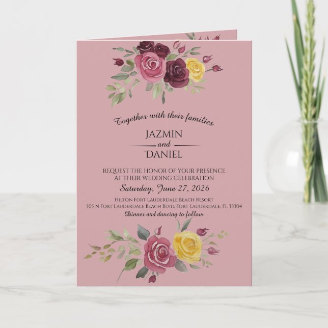 Dusty Pastel Watercolor Roses Maroon Invitation (Front)