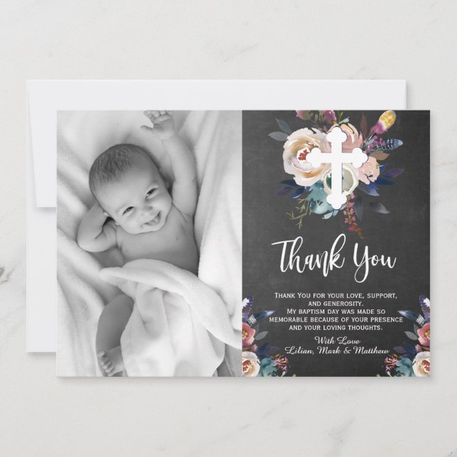 Dusty Peach Blue Floral Baptism Thank You Card (Front)
