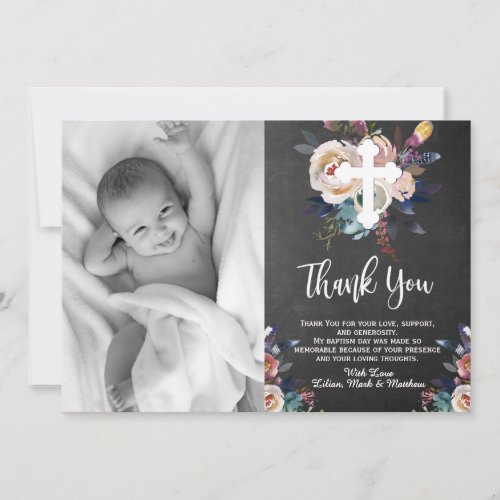 Dusty Peach Blue Floral Baptism Thank You Card
