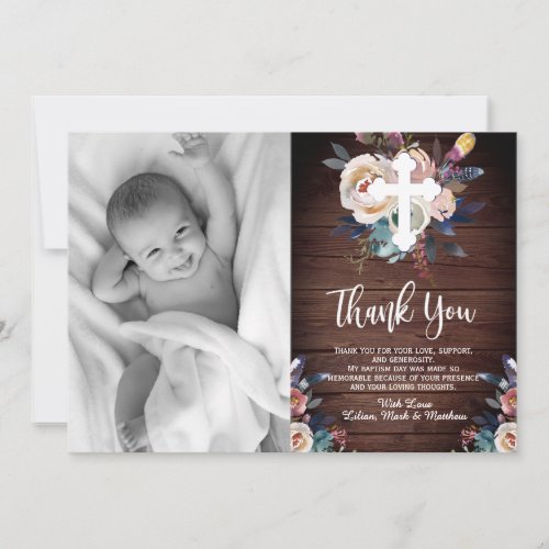 Dusty Peach Blue Floral Baptism Thank You Card
