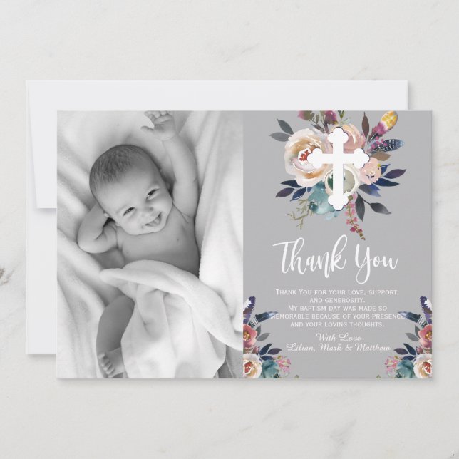 Dusty Peach Blue Floral Baptism Thank You Card (Front)