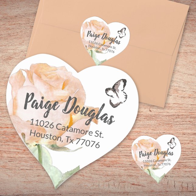 Dusty Peach Botanical Heart Shaped Address Seal (peach dusty pink address envelope seal graduation party invitation address sticker floral rose roses)