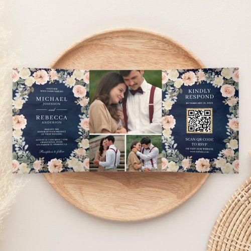 Dusty Peach Floral Navy Blue QR Code Wedding Tri_Fold Invitation