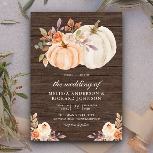 Dusty Peach Floral Pumpkin Barn Wood Wedding Invitation