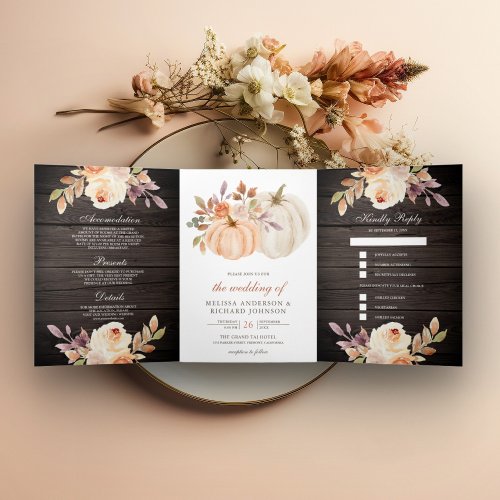 Dusty Peach Floral Pumpkin Barn Wood Wedding Tri_Fold Invitation