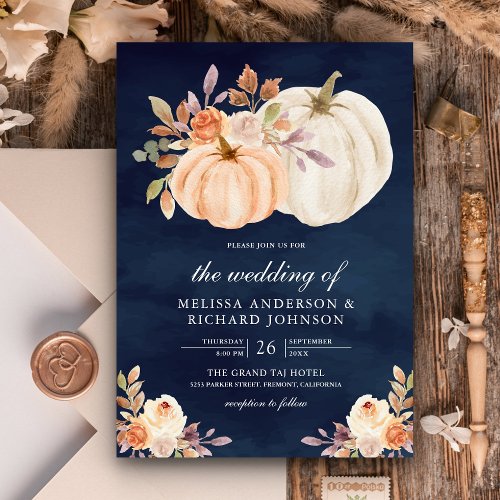 Dusty Peach Floral Pumpkin Navy Blue Wedding Invitation