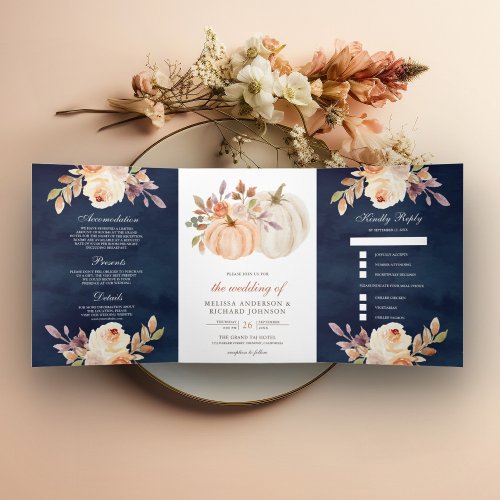 Dusty Peach Floral Pumpkin Navy Blue Wedding Tri_Fold Invitation