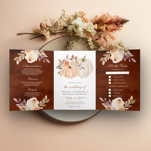 Dusty Peach Floral Pumpkin Terracotta Wedding Tri_Fold Invitation