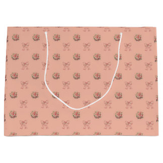 Dusty Peach Flowers Doilies Bows Large Gift Bag