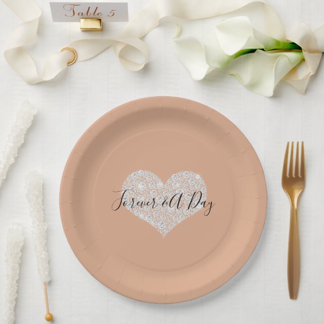 Dusty Peach Gold Confetti Diamonds Heart Paper Plates (Wedding)