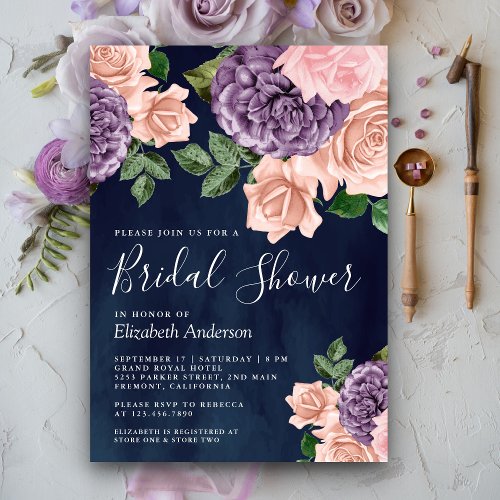 Dusty Peach Purple Floral Navy Blue Bridal Shower Invitation