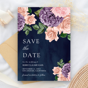 Dusty Peach Purple Floral Navy Blue Wedding Save The Date
