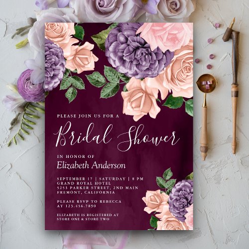 Dusty Peach Purple Floral Plum Bridal Shower Invitation