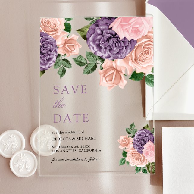 Dusty Peach Purple Floral Wedding Save the Date Acrylic Invitations (Creator Uploaded)